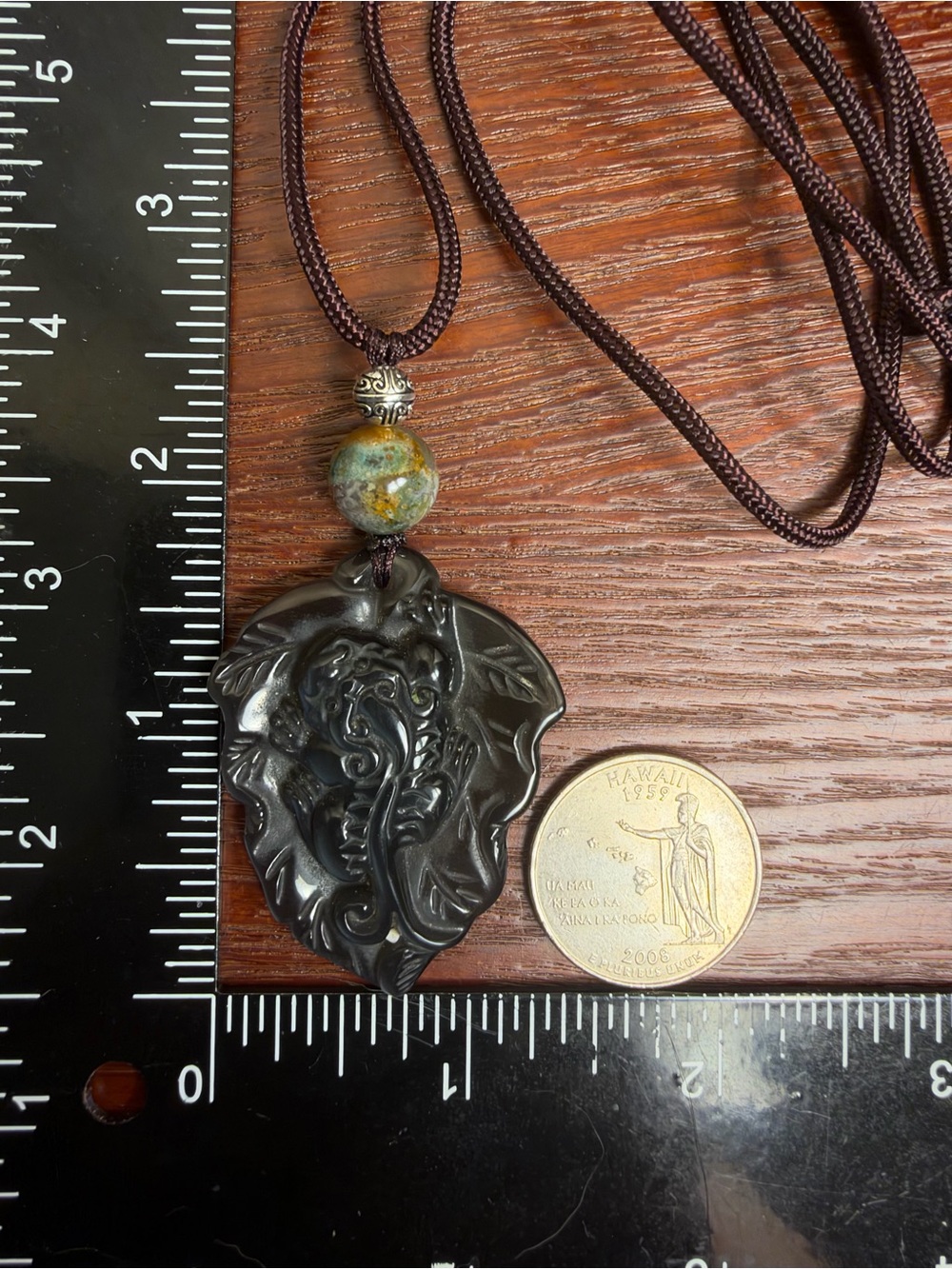 Ice Obsidian Pixiu on Leaf Carving Pendant Necklace on Adjustable Rope - Picture 8 of 8